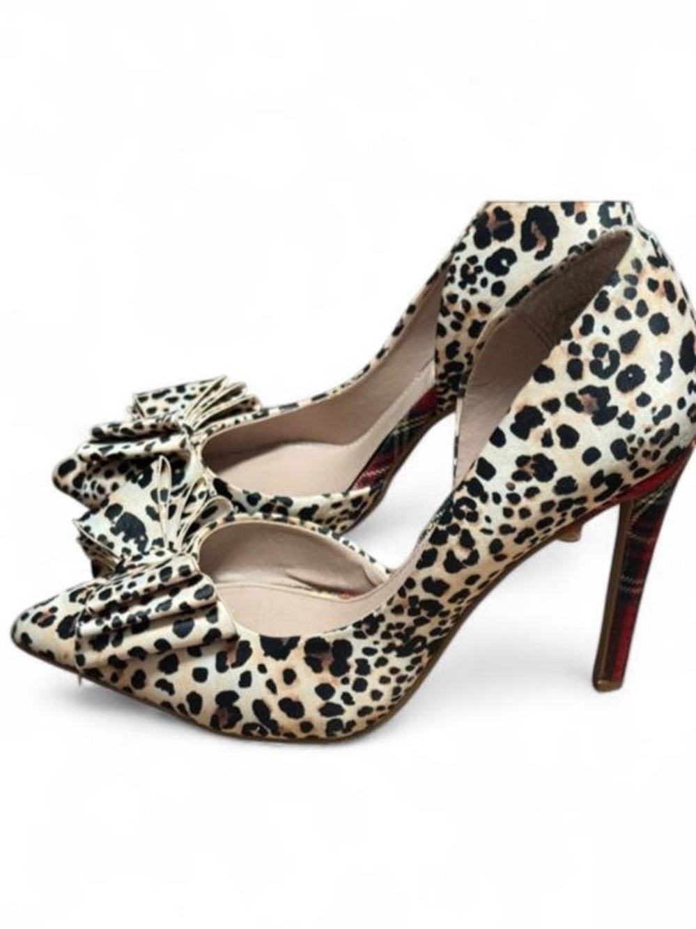 Betsey Johnson Leopard Print and Plaid Pointed Toe Pumps with Bow Accent